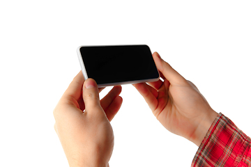 Image showing Close up of man using mobile smartphone isolated on white studio background