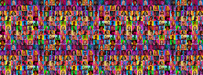 Image showing Collage of faces of surprised people on multicolored backgrounds. Happy men and women smiling. Human emotions, facial expression concept.