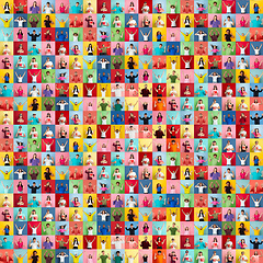 Image showing Collage of faces of happy people on multicolored backgrounds. Happy men and women smiling. Human emotions, facial expression concept.