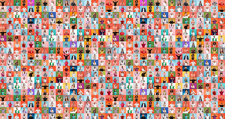 Image showing Collage of faces of surprised people on multicolored backgrounds. Happy men and women smiling. Human emotions, facial expression concept.