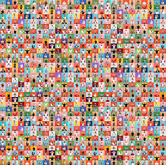 Image showing Collage of faces of surprised people on multicolored backgrounds. Happy men and women smiling. Human emotions, facial expression concept.