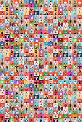 Image showing Collage of faces of surprised people on multicolored backgrounds. Happy men and women smiling. Human emotions, facial expression concept.