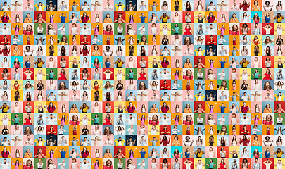 Image showing Collage of faces of surprised people on multicolored backgrounds. Happy men and women smiling. Human emotions, facial expression concept.