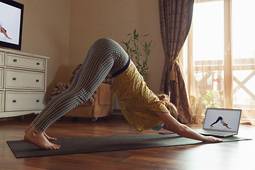 Image showing Sporty young woman taking yoga lessons online and practice at home while being quarantine