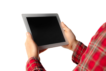 Image showing Close up of man using tablet with blank screen isolated on white studio background