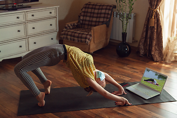 Image showing Sporty young woman taking yoga lessons online and practice at home while being quarantine