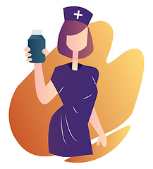 Image showing Nurse in purple medical suit holding a medicine bottle vector il