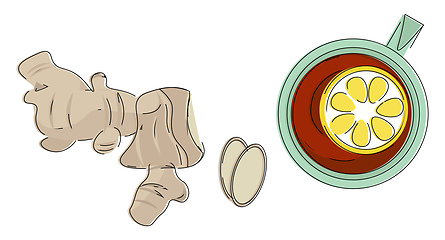 Image showing Clipart of few pieces of ginger and a cup of lemon tea vector or