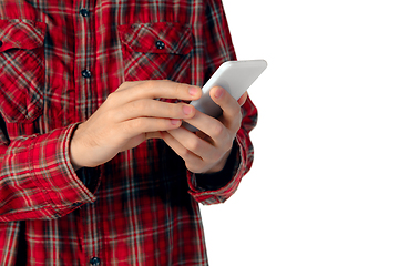 Image showing Close up of man using smartphone isolated on white studio background