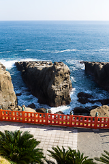 Image showing Aoshima Shrine and coastline with blue sky