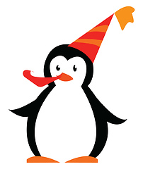 Image showing A penguin enjoying a birthday party with its hat and horn vector