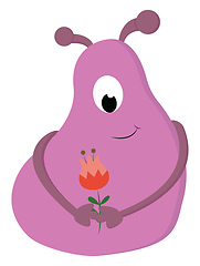 Image showing Pink smiling one-eyed blob monster holding a red flower vector i