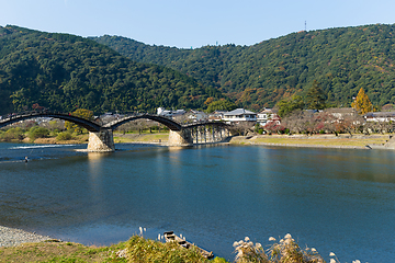 Image showing Wooden Arched pedestrian Kintai Bridge in Japan