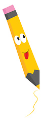 Image showing Cute yellow-colored cartoon pencil with tongue hanging out vecto