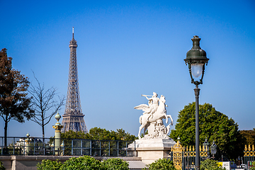 Image showing Marble statue and Eiffel Tower view from the Tuileries Garden, P