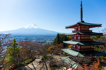 Image showing Chureito red pagoda and Mountain Fuji