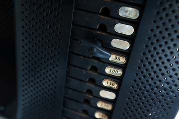 Image showing Stack of metal weights in gym bodybuilding equipment