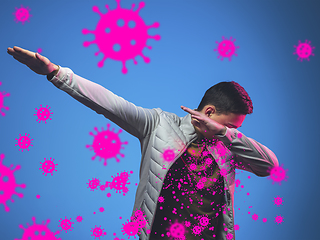 Image showing How to sneezing right - caucasian man dabbing in neon, stop epidemic