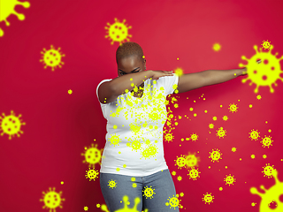 Image showing How to sneezing right - african-american woman dabbing, stop epidemic