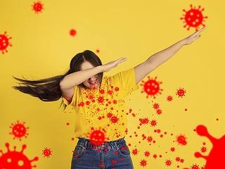 Image showing How to sneezing right - caucasian woman dabbing, stop epidemic