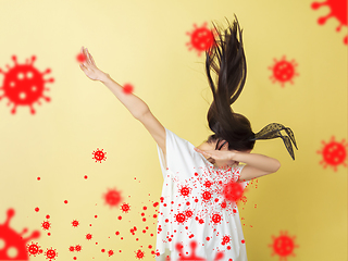 Image showing How to sneezing right - caucasian woman dabbing, stop epidemic