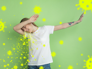 Image showing How to sneezing right - caucasian woman dabbing, stop epidemic