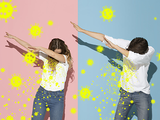 Image showing How to sneezing right - caucasian couple dabbing, stop epidemic