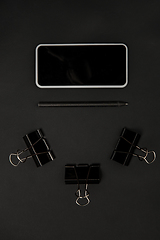 Image showing Office things. Monochrome stylish composition in black color. Top view, flat lay.