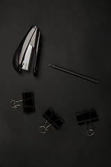 Image showing Office things. Monochrome stylish composition in black color. Top view, flat lay.