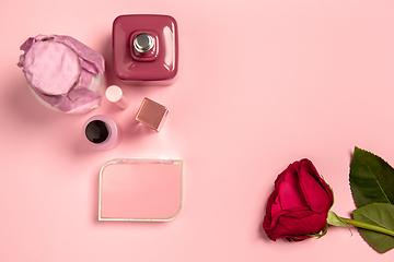 Image showing Cosmetics, fashion. Monochrome stylish composition in pink color. Top view, flat lay.