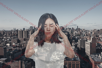 Image showing Stressed woman holding head with hands on abstract city background. Double exposure. Virus alert, coronavirus pandemic.