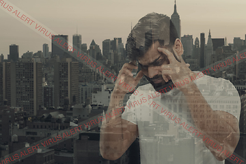 Image showing Stressed man holding head with hands on abstract city background. Double exposure. Virus alert, coronavirus pandemic.