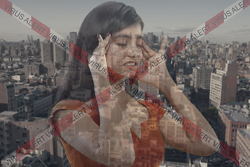 Image showing Stressed woman holding head with hands on abstract city background. Double exposure. Virus alert, coronavirus pandemic.