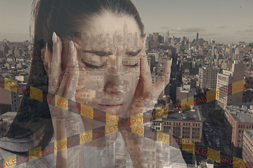 Image showing Stressed woman holding head with hands on abstract city background. Double exposure. Virus alert, coronavirus pandemic.