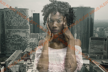 Image showing Stressed woman holding head with hands on abstract city background. Double exposure. Virus alert, coronavirus pandemic.