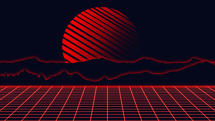 Image showing Beautiful mountain evening, sunset, synth wave and retro wave, vaporwave futuristic aesthetics