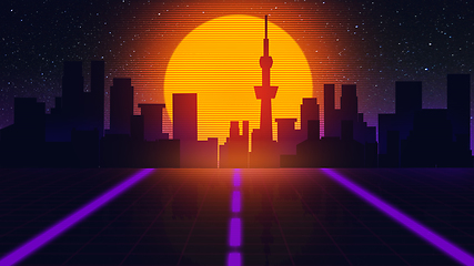 Image showing Beautiful city evening, sunset, synth wave and retro wave, vaporwave futuristic aesthetics