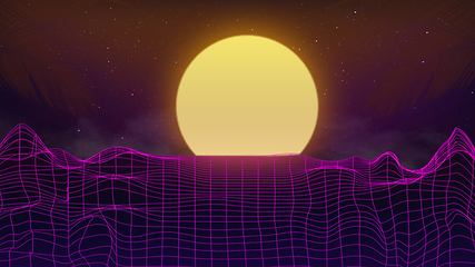 Image showing Beautiful mountain evening, sunset, synth wave and retro wave, vaporwave futuristic aesthetics