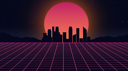 Image showing Beautiful city evening, sunset, synth wave and retro wave, vaporwave futuristic aesthetics