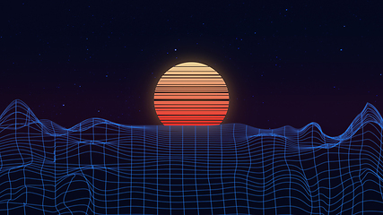 Image showing Beautiful mountain evening, sunset, synth wave and retro wave, vaporwave futuristic aesthetics