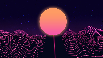 Image showing Beautiful mountain evening, sunset, synth wave and retro wave, vaporwave futuristic aesthetics