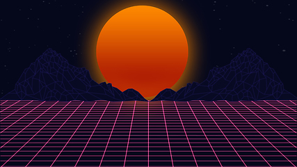 Image showing Beautiful mountain evening, sunset, synth wave and retro wave, vaporwave futuristic aesthetics