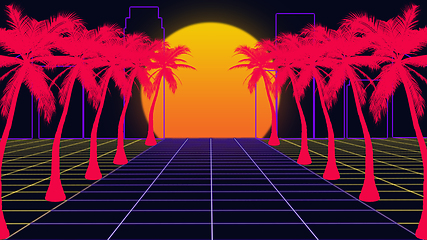 Image showing Beautiful beach evening, sunset, synth wave and retro wave, vaporwave futuristic aesthetics