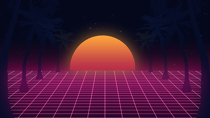 Image showing Beautiful beach evening, sunset, synth wave and retro wave, vaporwave futuristic aesthetics