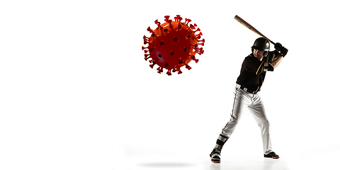 Image showing Sportsman kicking, punching coronavirus, protection and treatment concept, flyer