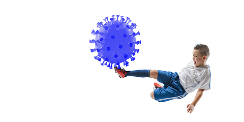 Image showing Sportsman kicking, punching coronavirus, protection and treatment concept, flyer