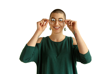 Image showing Portrait of young woman with freaky appearance on white background