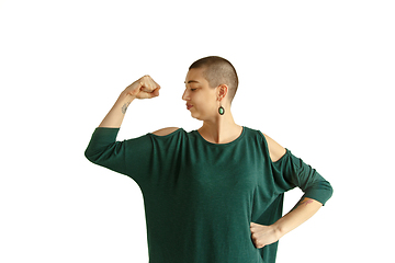 Image showing Portrait of young woman with freaky appearance on white background