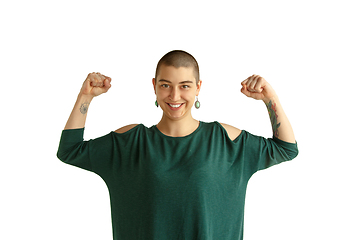 Image showing Portrait of young woman with freaky appearance on white background