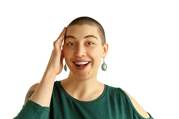 Image showing Portrait of young woman with freaky appearance on white background